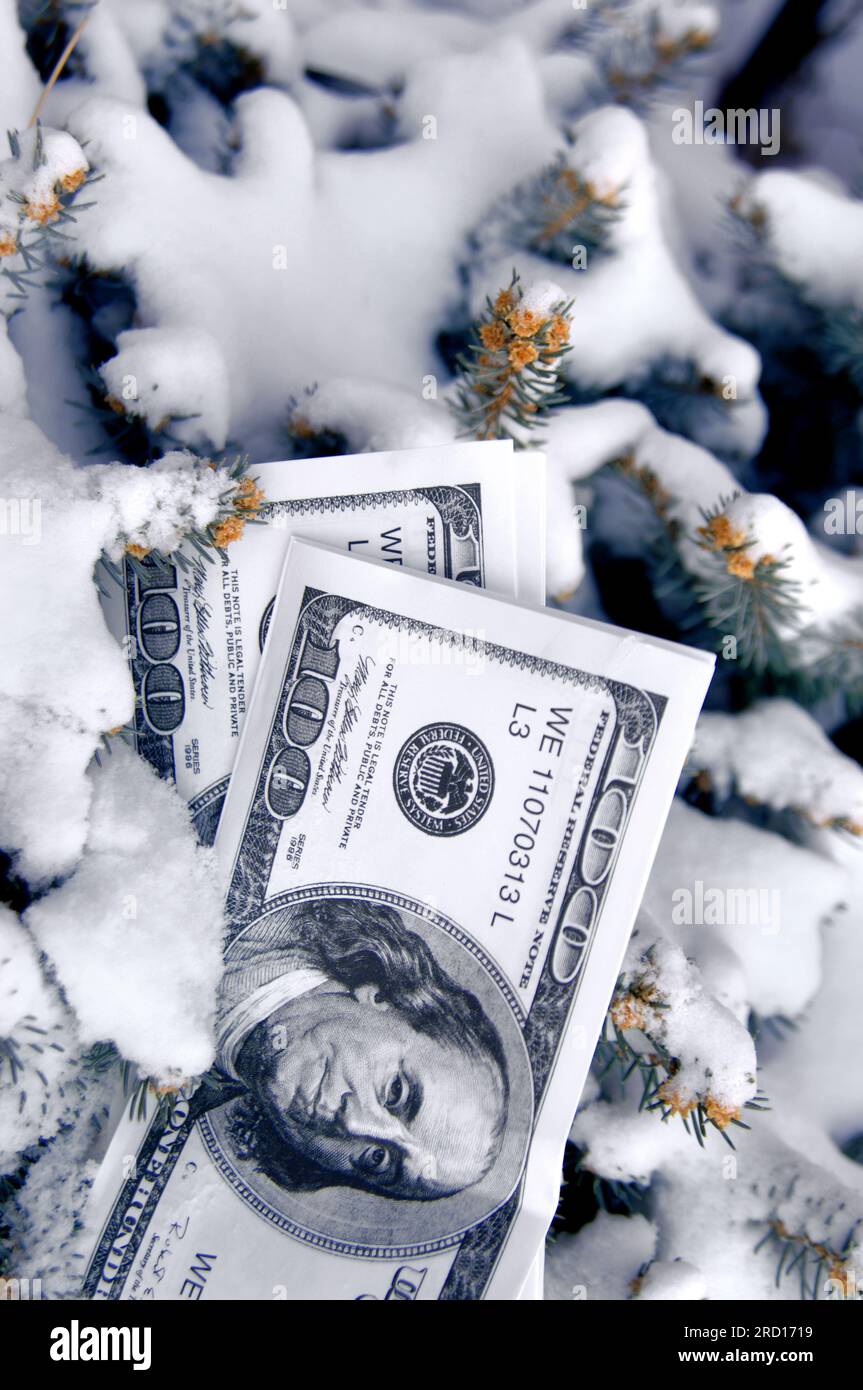 Spielen Sie Geld legt, die Hälfte im Schnee begraben.  Bild könnte "kalten Cash", "eingefrorenen Vermögenswerte" usw. darstellen. Stockfoto