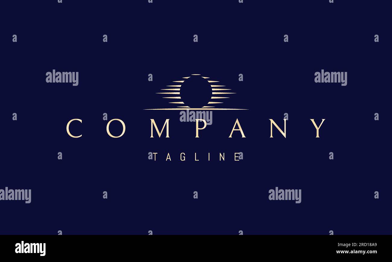 Goldenes Vector-Logo, auf dem ein abstraktes Bild eines sonnigen Sonnenuntergangs auf dem Meer im Stil eines weißen Raumes abgebildet ist. Stock Vektor Goldenes Vector-Logo, auf dem ein abstraktes Bild eines sonnigen Sonnenuntergangs auf dem Meer im Stil eines weißen Raumes abgebildet ist. Stock Vektor