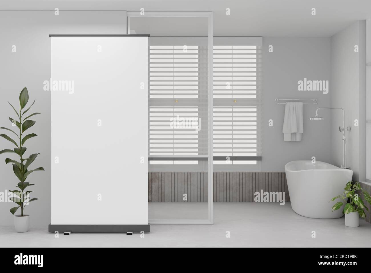 Ein leerer Posterständer auf dem Boden in einem modernen, weißen und sauberen Badezimmer. 3D-Rendering, 3D-Abbildung Stockfoto