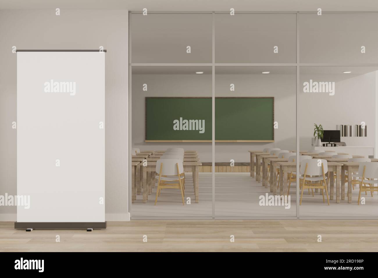 Ein leeres Modell-Poster steht auf dem Boden vor einem modernen minimalistischen Klassenzimmer. 3D-Rendering, 3D-Abbildung Stockfoto