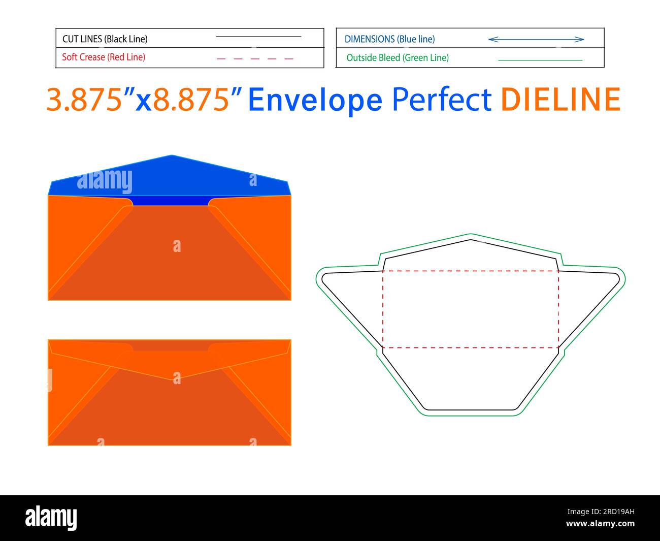 Dieline-Vorlage für normale 3D-Kuverts mit 3,875 x 875 Zoll, die leicht bearbeitet werden kann Stock Vektor