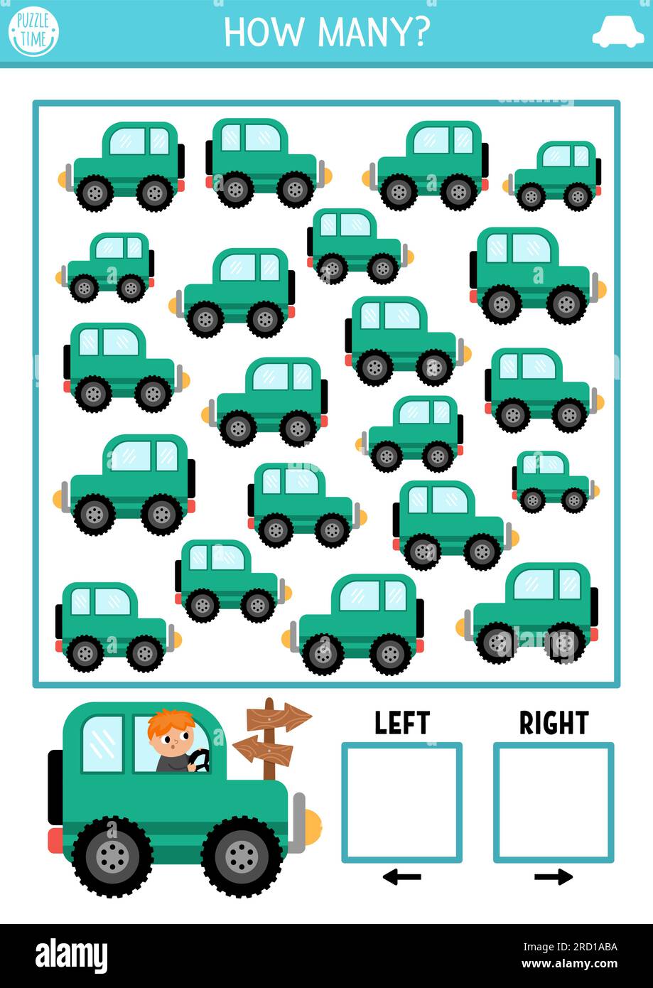 Ein Transportrologie-Spiel mit rechts- und linksseitigem Konzept für Kinder. Ich beobachte die Suche, zähle die Aktivitäten mit dem Auto. Transport der Ausrichtung des bedruckbaren Raums mit Stock Vektor