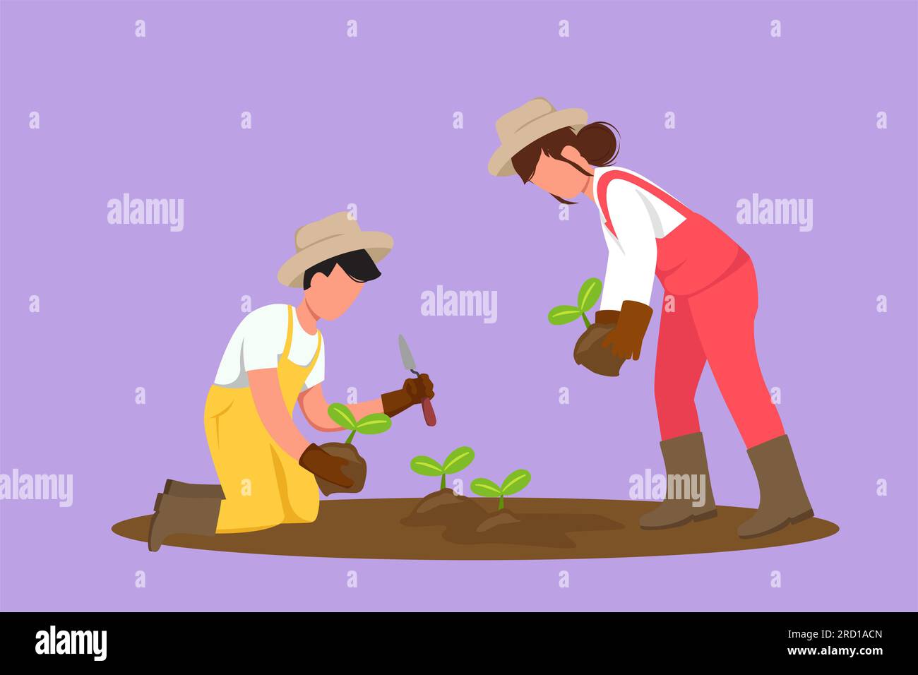 Ein Cartoon mit flacher Figur, der glückliche Bauern anzieht, die Pflanzentriebe in den Boden Pflanzen. Beginn der Pflanzzeit. Bauer mit Bio-Nat Stockfoto