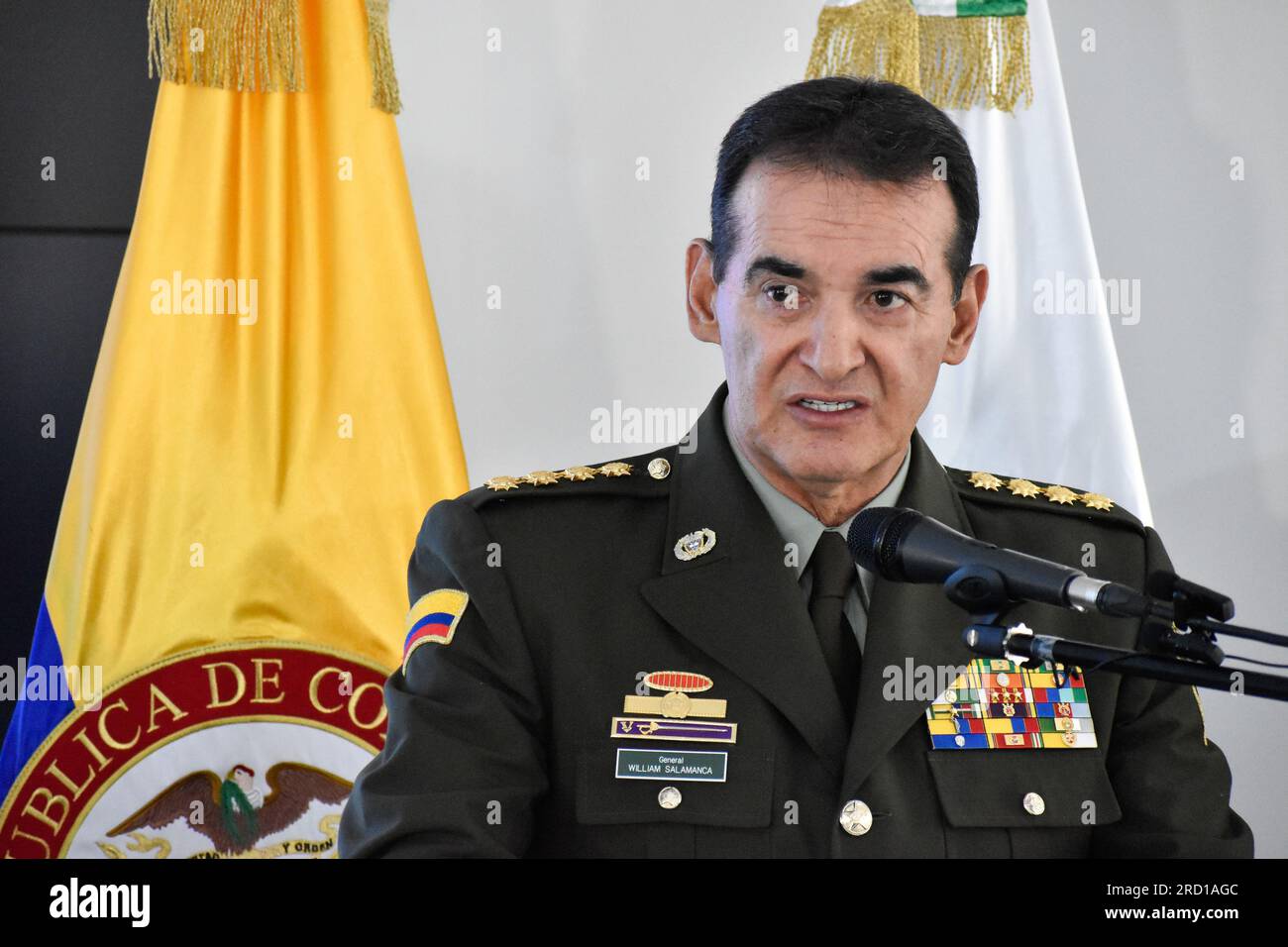 Bogota, Kolumbien. 11. Juli 2023. Der kolumbianische Polizeidirektor General William Rene Salamanca hält am 11. Juli 2023 eine Pressekonferenz über Bogota, Kolumbien. Foto: Cristian Bayona/Long Visual Press Credit: Long Visual Press/Alamy Live News Stockfoto