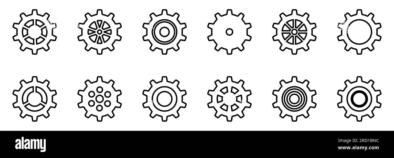 Symbolsatz Gänge. Symbol für Gangeinstellung. Sammlung mechanischer Zahnräder. Einfache Zahnradsammlung. Silhouette mit Zahnradsymbolen. Vector Illustrati Stock Vektor