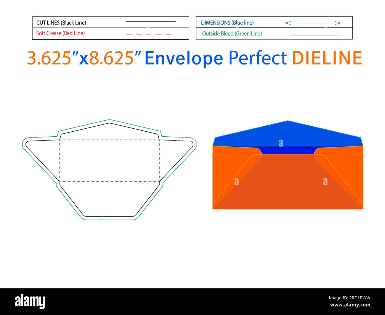 3.625x8,625 Zoll normale Umschlagvorlage mit Dieline-Schablone, leicht bearbeitbar, Größe anpassbar, 3D Umschlag Stock Vektor
