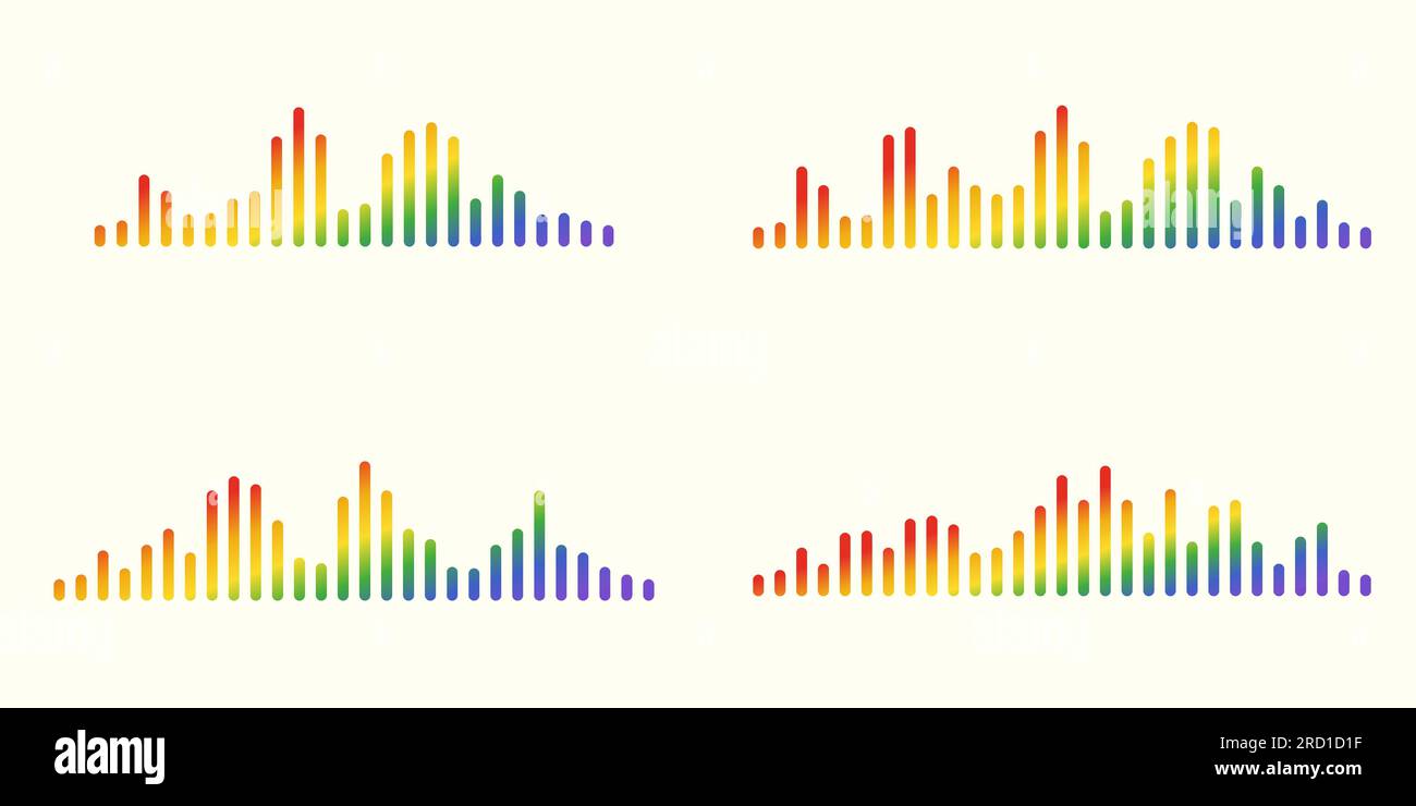 Audiowellen eingestellt. Das bunte Regenbogensymbol erklingt ein Lied. EQ. Podcast-Welle. Symbole auf isoliertem Hintergrund. Sprachnachricht. Vektordarstellung. Stock Vektor