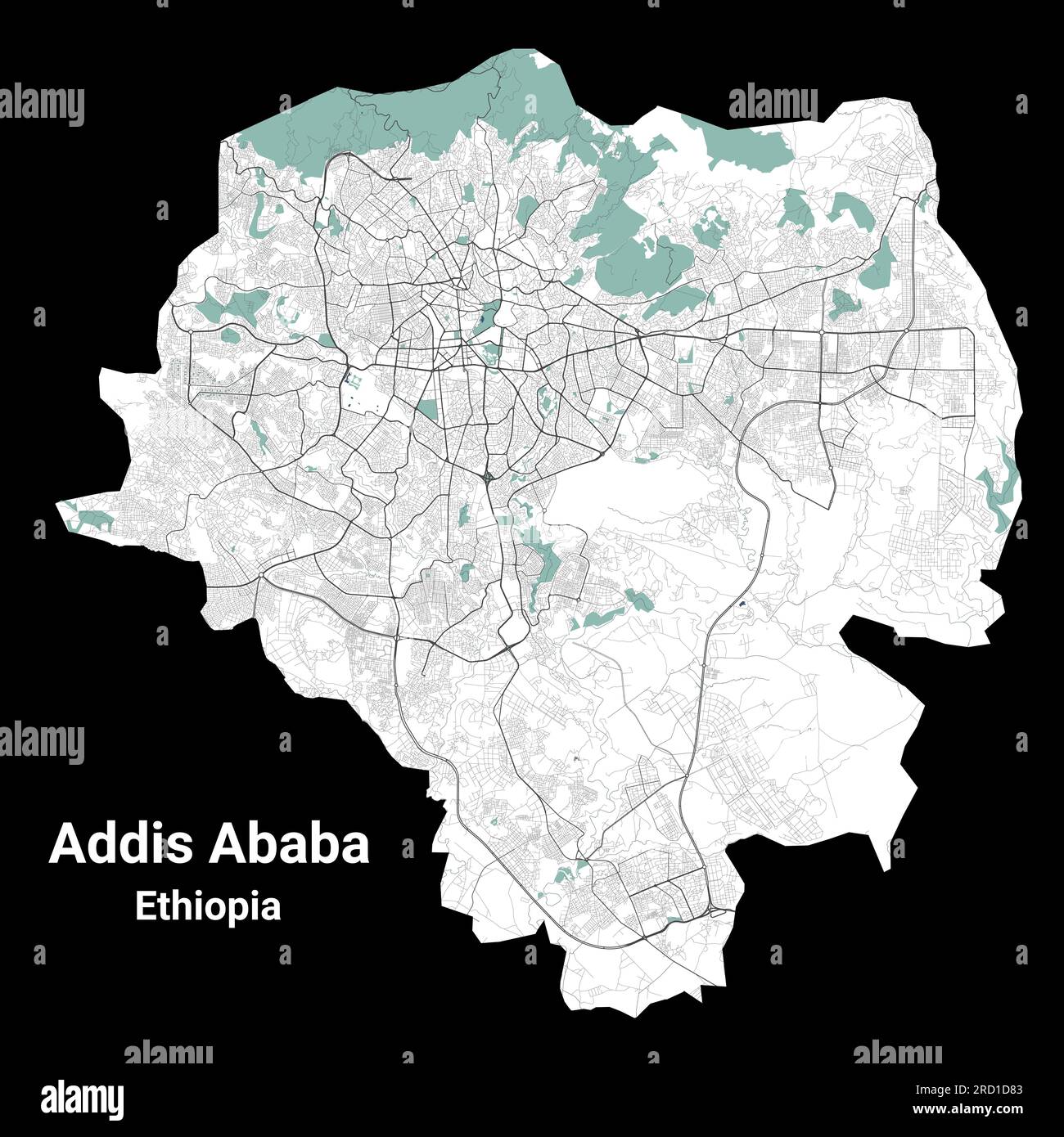 Karte von Addis Abeba, Hauptstadt Äthiopiens. Stadtplan mit Flüssen und Straßen, Parks und Eisenbahnen. Vektordarstellung. Stock Vektor