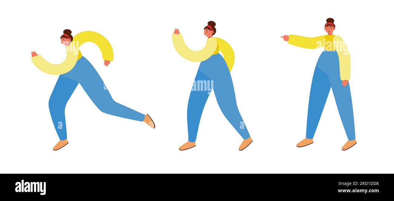3 wandelnde Posen einer Frau, zeigt mit der Hand, läuft, läuft. Langärmeliges Hemd und Hose, verzerrte Proportionen. Vektor-Illustration Stock Vektor