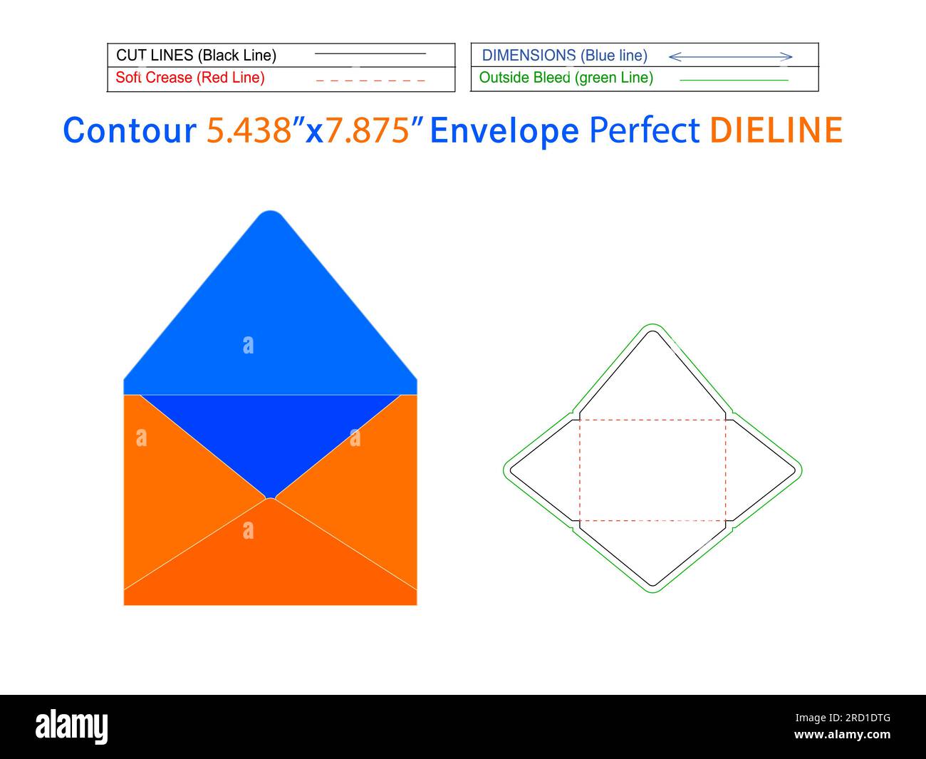 Umschlag mit Umschlagklappe für Konturen mit Dieline-Schablone von 5,438 x 7,875 Zoll und Umschlag von 3D mm, die leicht skalierbar ist Stock Vektor