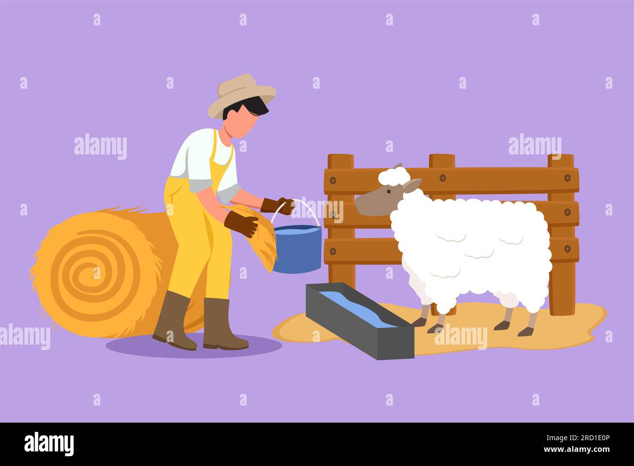 Grafik flaches Design malt männliche Bauern füttern Schafe mit frischem Gras, um gesund zu sein, produzieren beste Milch, Fleisch, Fleece. Tätigkeiten von Tierhaltern. Erfolgreich Stockfoto