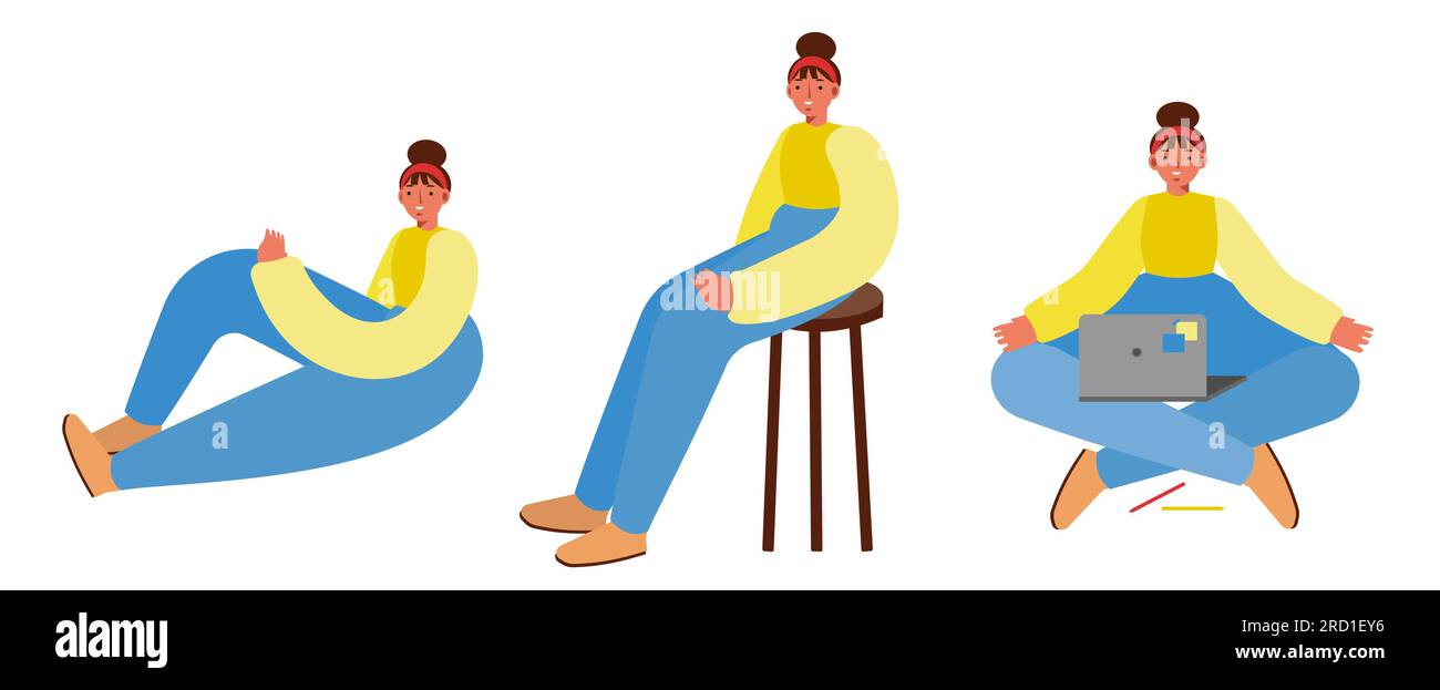 3 sitzende Posen einer Frau, auf dem Boden, auf einem Hocker, mit Laptop. Langärmeliges Hemd und Hose, verzerrte Proportionen. Vector Illustrati Stock Vektor