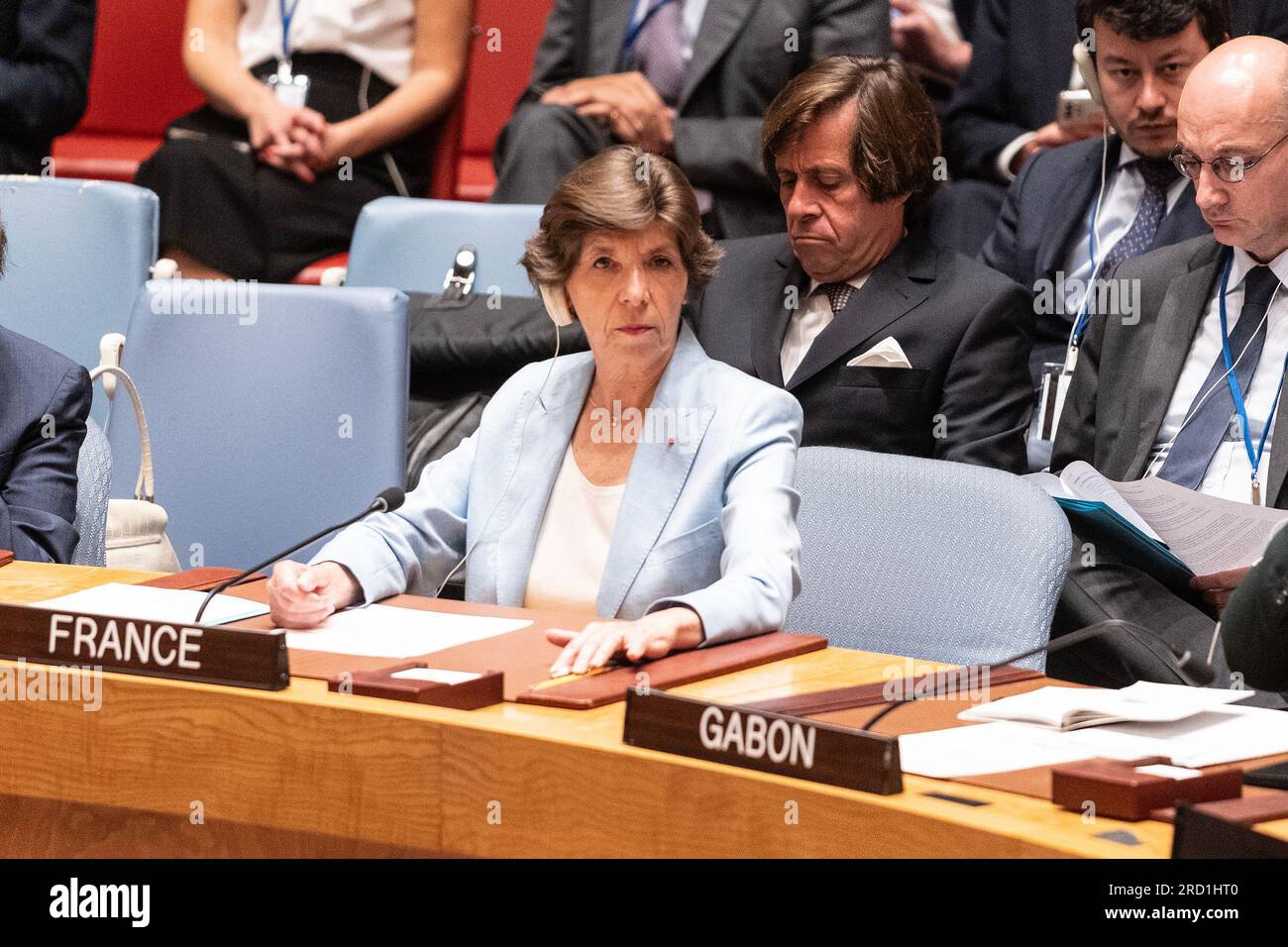 New York, Usa. 17. Juli 2023. Französische Ministerin für Europa und auswärtige Angelegenheiten Catherine Colonna nimmt an der Sitzung des Sicherheitsrats über die Wahrung des Friedens und der Sicherheit in der Ukraine am Hauptsitz der Vereinten Nationen in New York Teil (Foto von Lev Radin/Pacific Press) Kredit: Pacific Press Production Corp./Alamy Live News Stockfoto