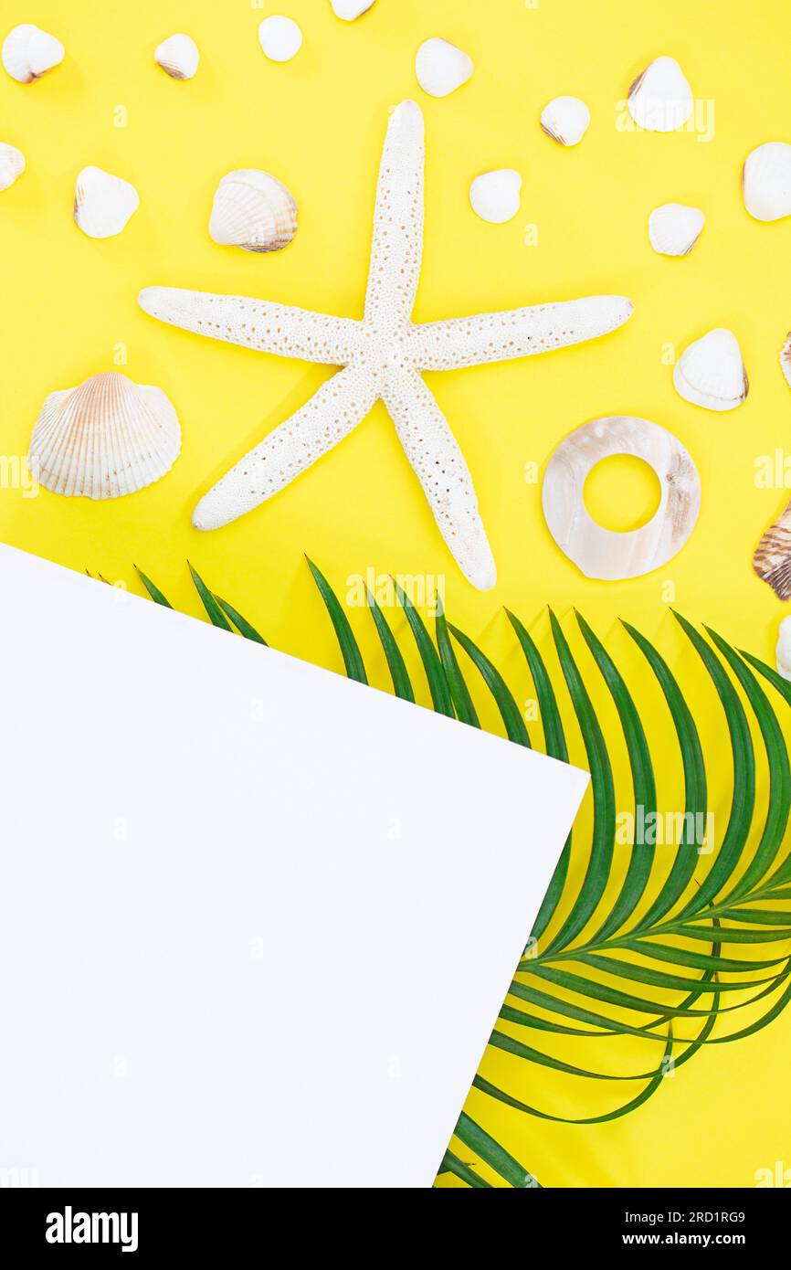 Weißer Seestern, Schalen mit Palmenblättern und Papier für Text auf der Seite auf gelbem Hintergrund. Flach verlegt. Reisen, Urlaub, Sommer. Speicherplatz kopieren Stockfoto