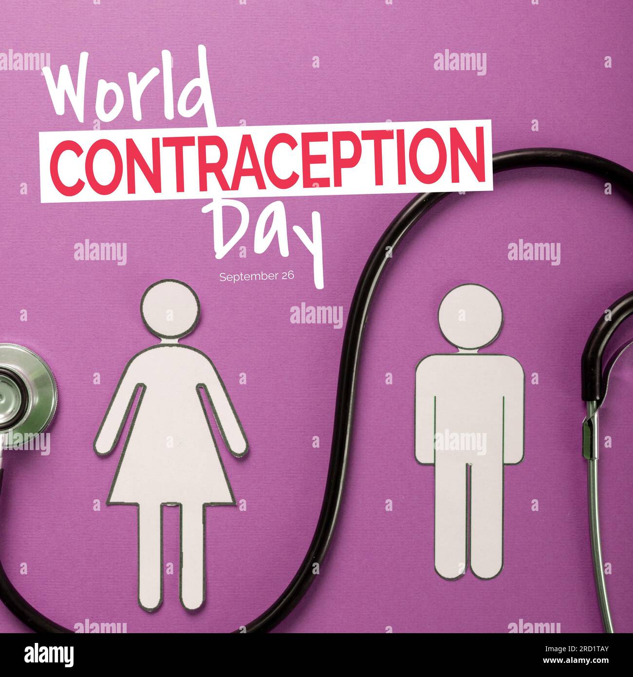 Text zum Weltkontrazeptionstag mit Datum über Männchen und Weibchen und Stethoskop auf Lila Stockfoto