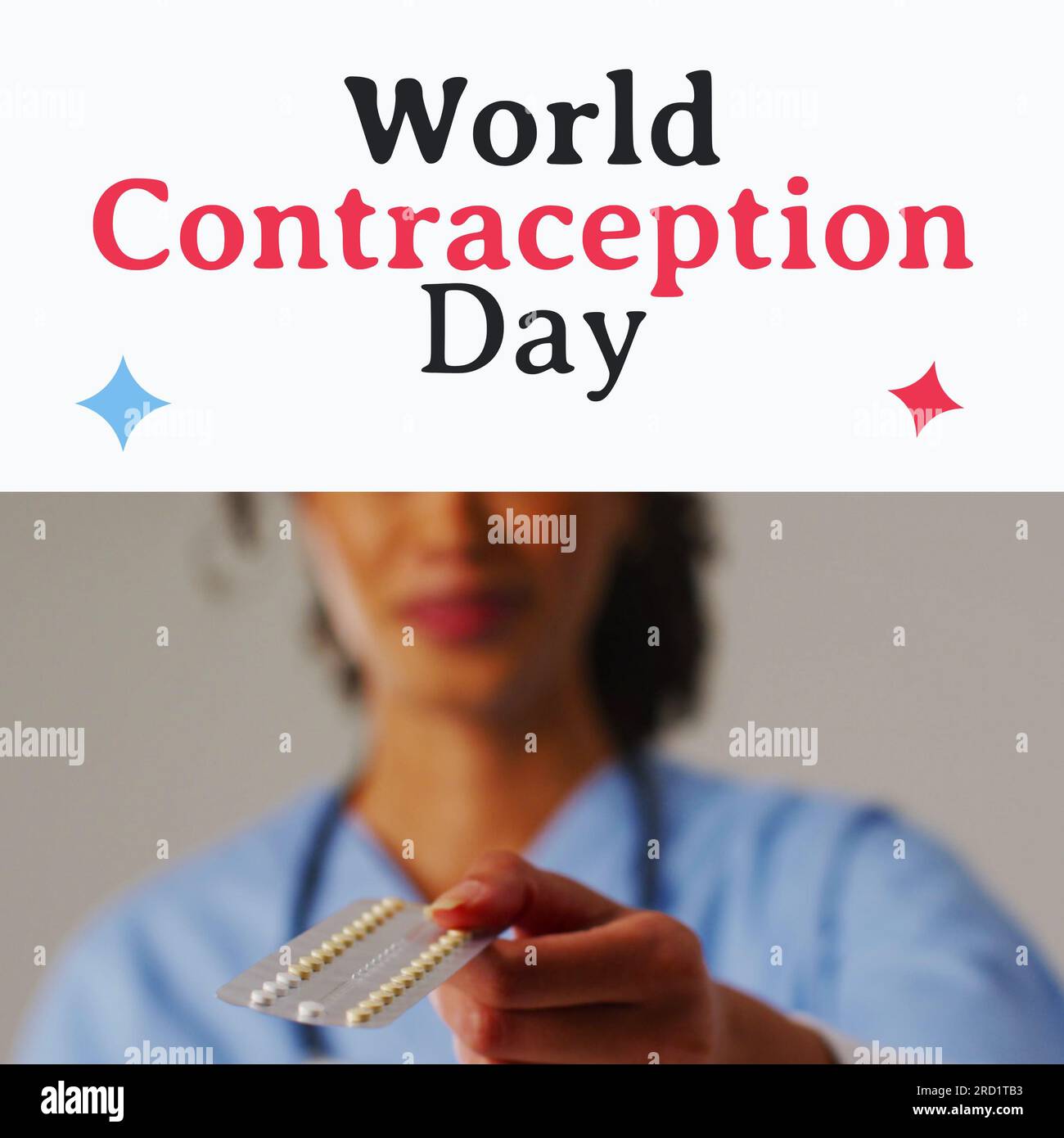 Text zum Weltverhütungszeitpunkt auf Weiß mit einer birassischen Ärztin, die Kontrazeptivapillen anbietet Stockfoto
