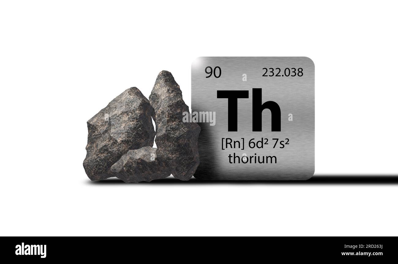Thoriumelemente auf einem metallischen Periodentisch mit grauschwarzem metamiktischem Thorium auf weißem Hintergrund. 3D gerendertes Symbol und Illustration. Stockfoto