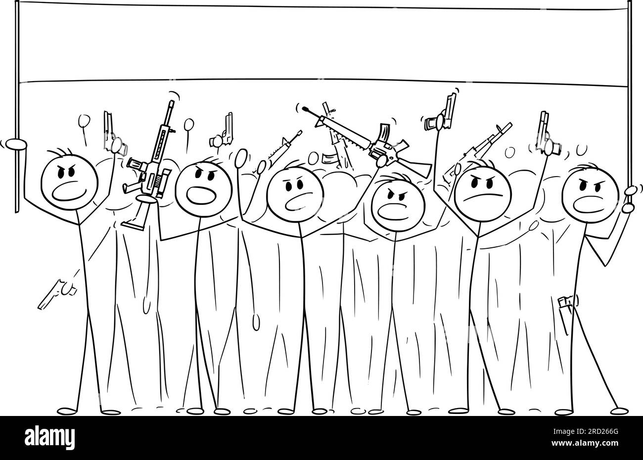 Gefährliche bewaffnete Menge mit einem Schild mit Waffen und einer Vektor-Cartoon-Stab-Abbildung Stock Vektor