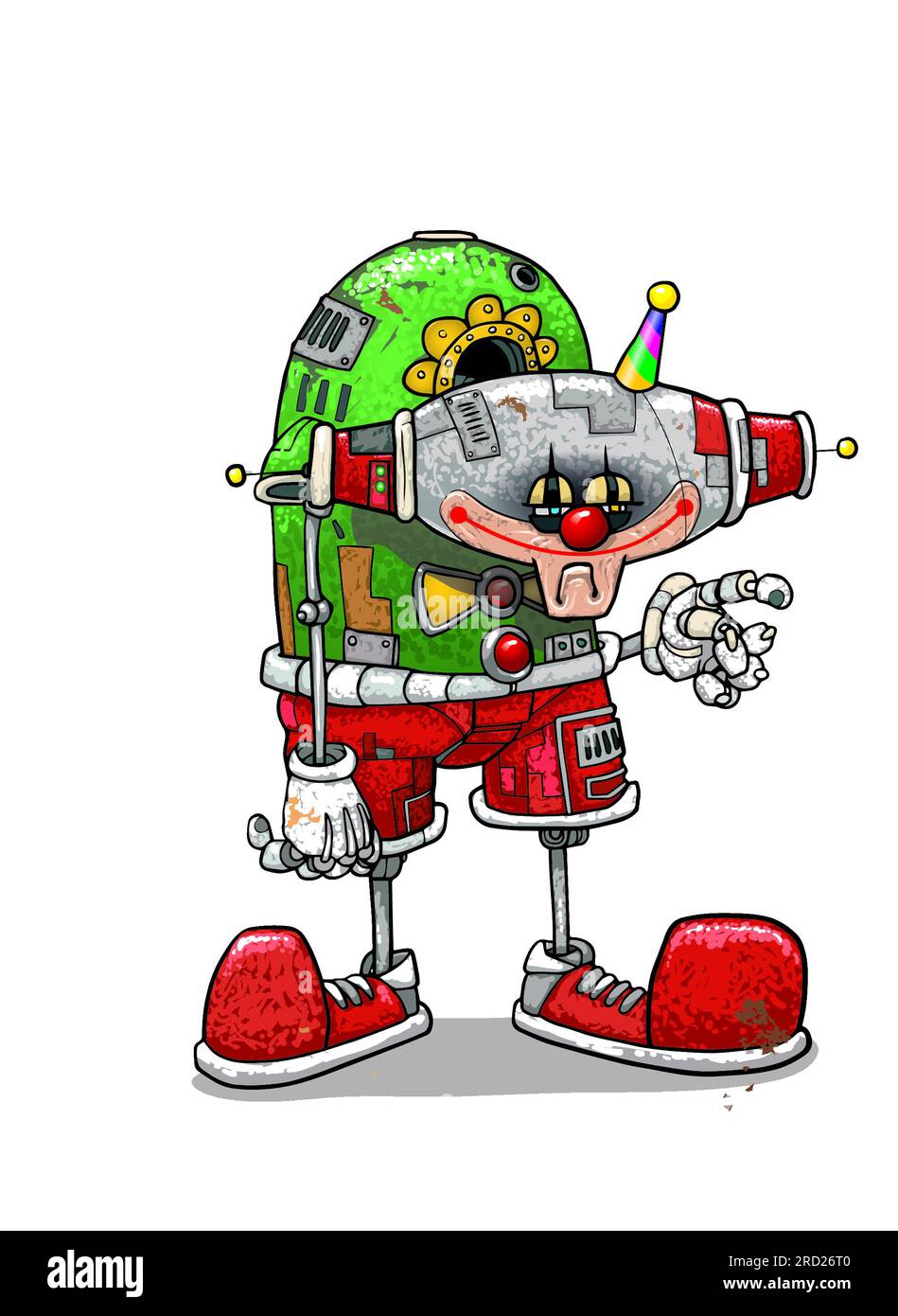 Ein trauriger, aber lächelnder Roboter, gekleidet als Clown, inspiriert von Douglas Adams Hitchhikers Guide to the Galaxy, Buchfigur Marvin der paranoide Androide Stockfoto