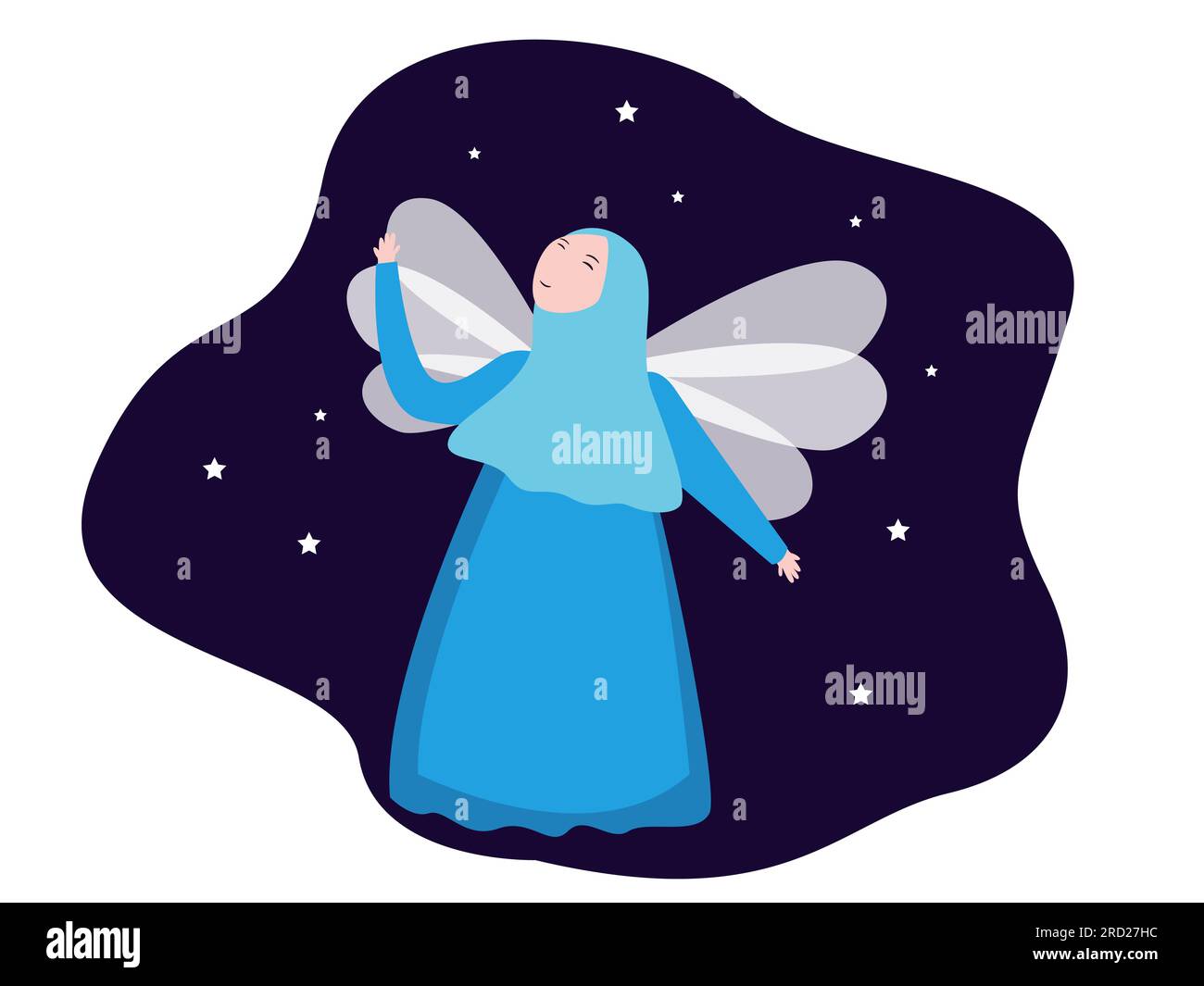 Ein fliegendes muslimisches Mädchen mit Feenflügel trägt einen Hijab-Stern mit funkelndem Sternenhimmel in der Nähe Stock Vektor