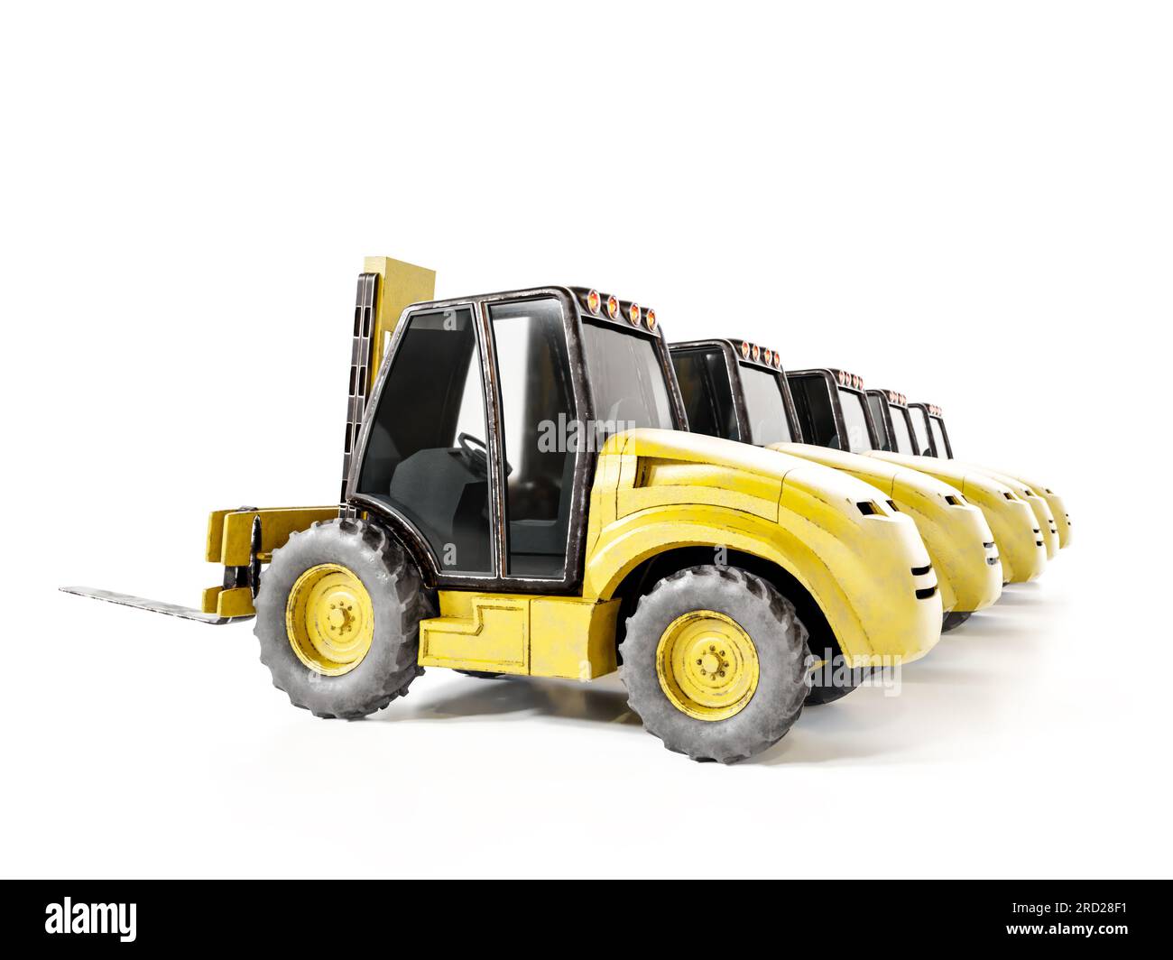 3D-Darstellung einer Reihe gelber Gabelstapler auf weißem Hintergrund Stockfoto