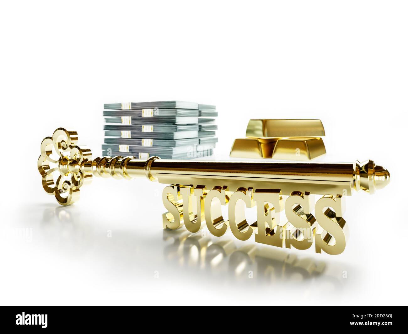 3D-Wiedergabe des goldenen Erfolgsschlüssels mit einem Haufen Geld und goldenen Balken auf weißem Hintergrund Stockfoto