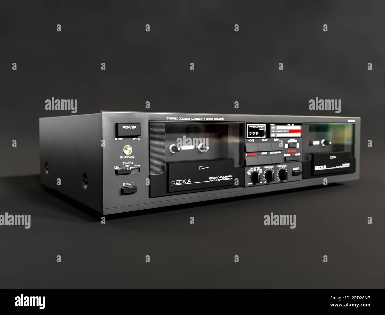 3D-Rendering des Kassettendecks mit Doppelkassette auf dunkelgrauem Hintergrund Stockfoto