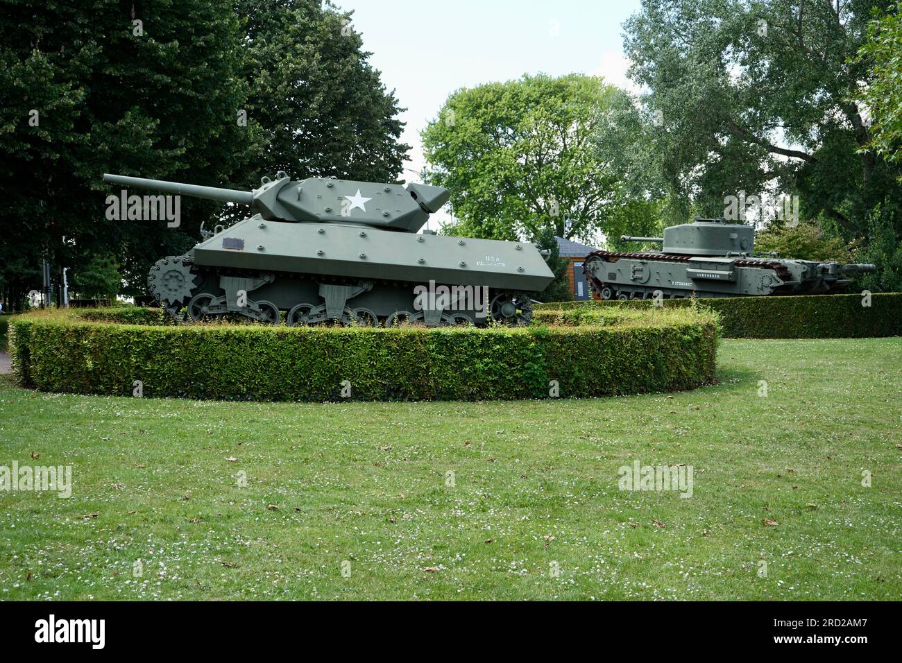 American WW2 Tank im Freien im Battle of Normandie Museum, Bayeux, Frankreich. Stockfoto