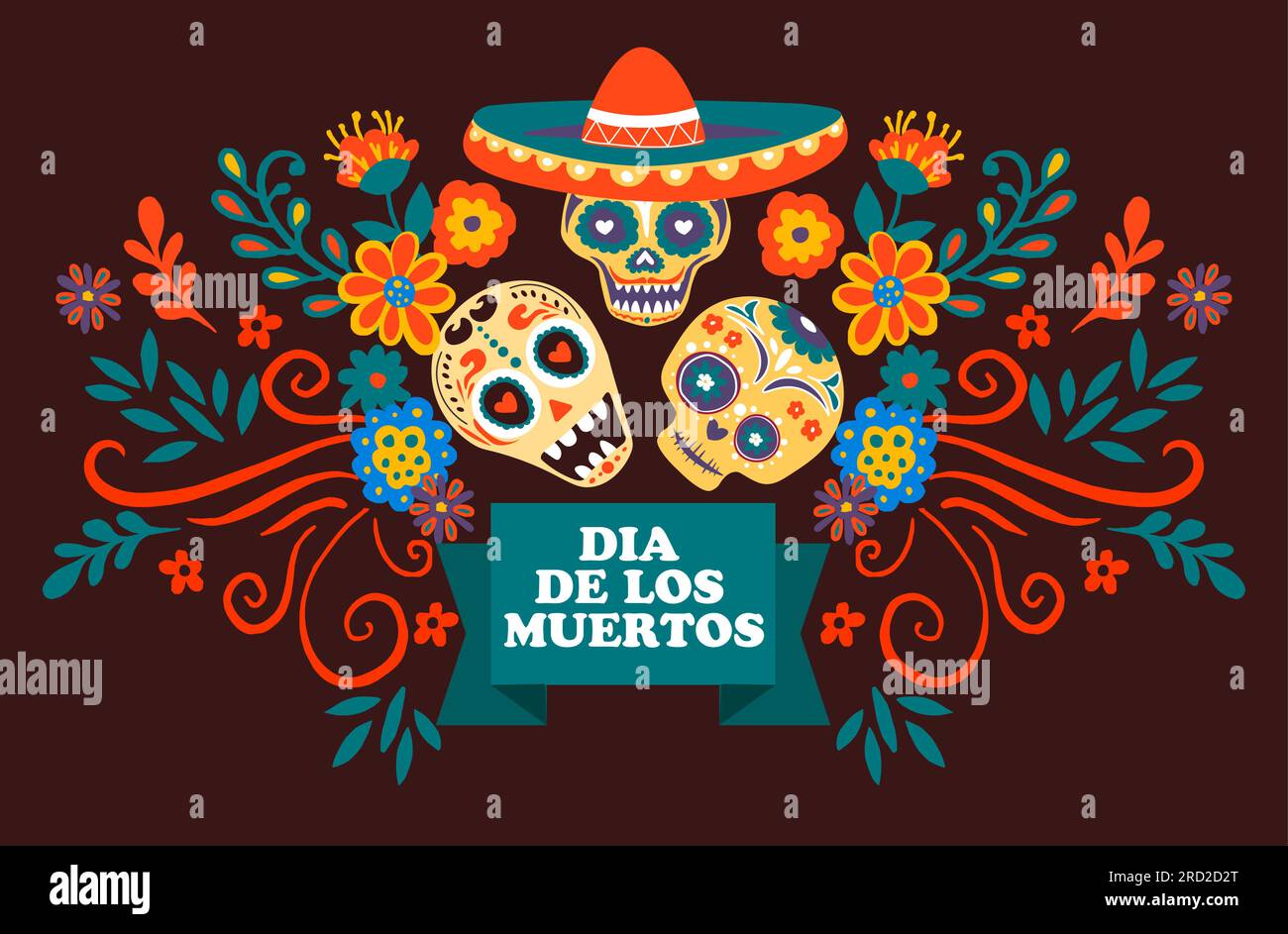 Dia de los muertos, Schädel mit Sombrero und Blumen Stock Vektor