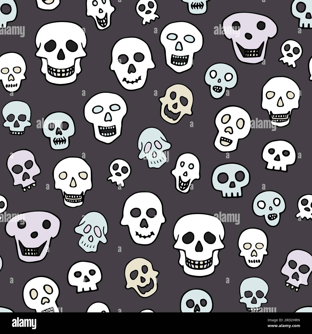 Doodle Halloween zeichnet sich durch ein nahtloses Muster aus. Farbe Gerüst auf grauem Hintergrund. Handgezeichneter, gruseliger Schädel. Mystischer Skizzencharakter. Vektordarstellung Stock Vektor