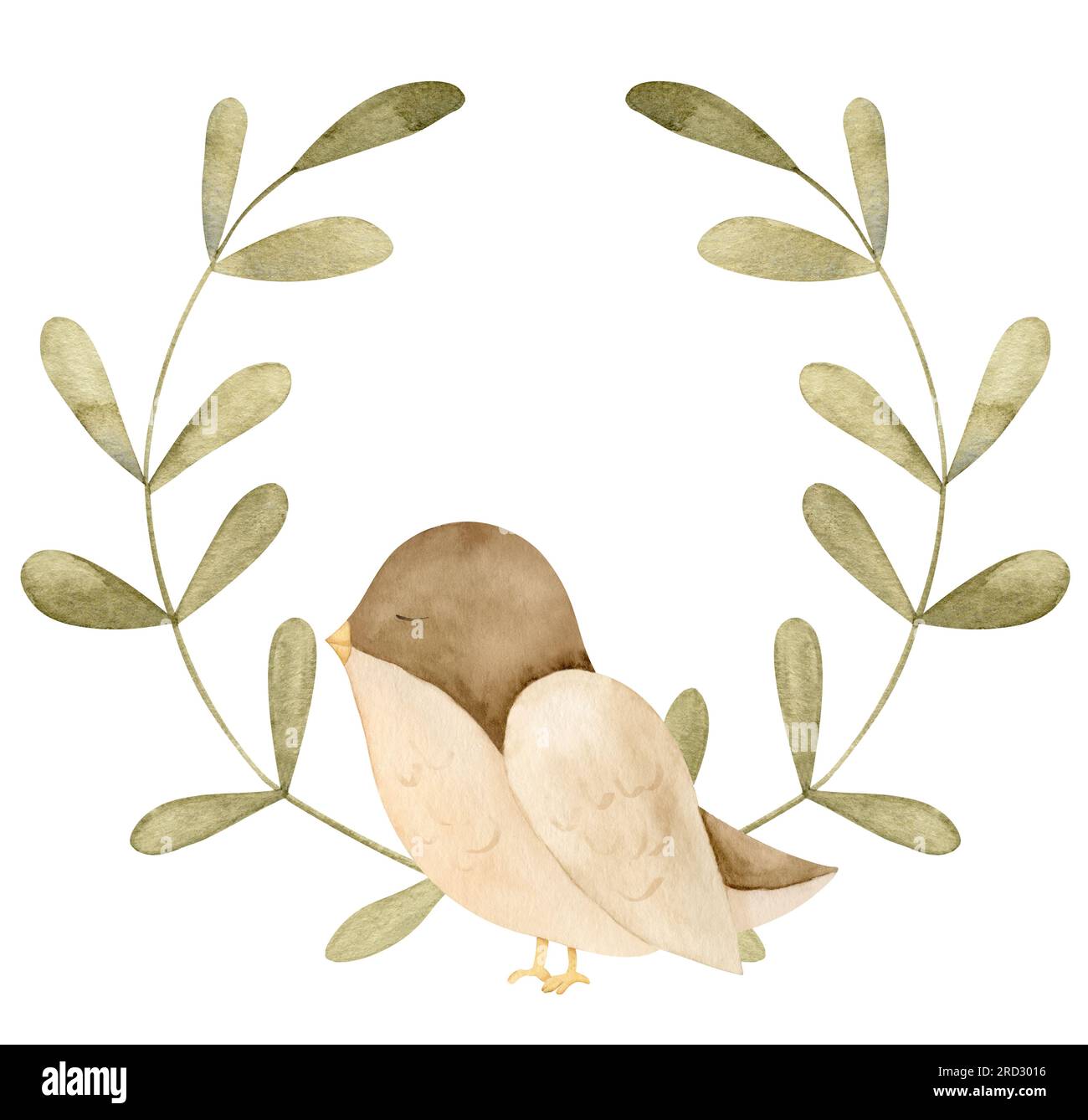 Kranz mit grünen Ästen und Little Bird. Handgezeichnete Aquarellzeichnung mit Rahmen für Babyduschen Grußkarten und Einladungen zum Geburtstag von Kindern auf einem isolierten weißen Hintergrund. Ikone für Kinder. Stockfoto