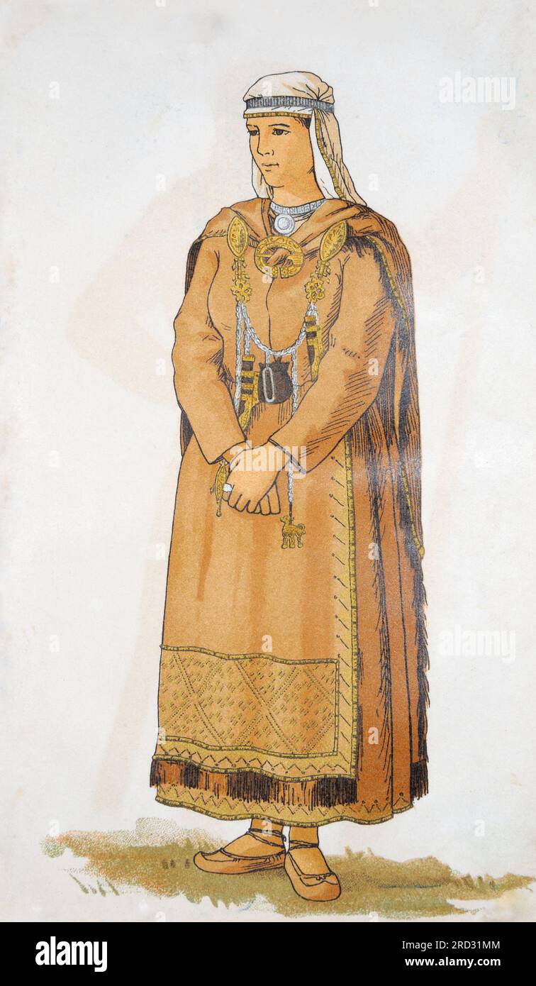 Ein Bild einer antiken finnischen Ehefrau, veröffentlicht im epischen Gedicht Kalevala im Jahre 1887. Das Bild sagt uns etwas über die Sommersaison einer alten Frau Stockfoto