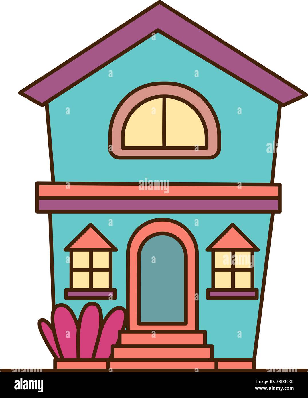 Vektorblaues Haus mit zwei Etagen Ikone. Vector Cartoon House mit pinkfarbenem Dach und zwei Fenstern Symbol. Stock Vektor