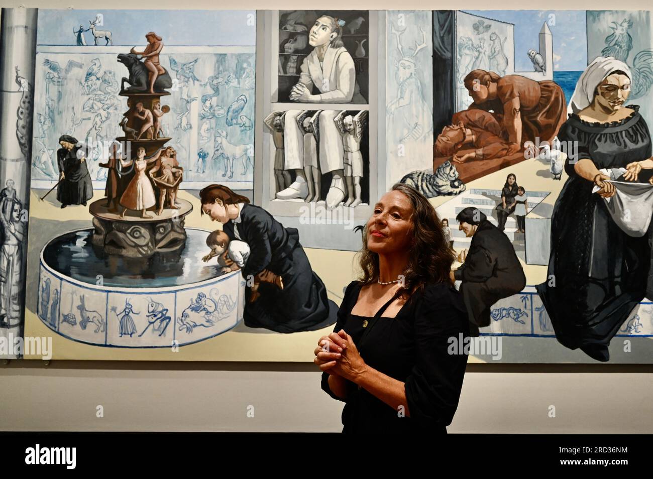 London, Großbritannien. Lizzie Perrotte, eines der ursprünglichen Musen des Wandbildes. Dame Paula Rego (1935-2022) war die erste assoziierte Künstlerin der National Gallery. Sie produzierte das monumentale Gemälde Crivelli's Garden zwischen 1990 und 1991, inspiriert von einem Altarbild aus dem 15. Jahrhundert aus der Sammlung von Carlo Crivelli. Die Individuen basierten auf den Bildern ihrer Freunde und Familie sowie der Mitarbeiter der Nationalgalerie. Stockfoto