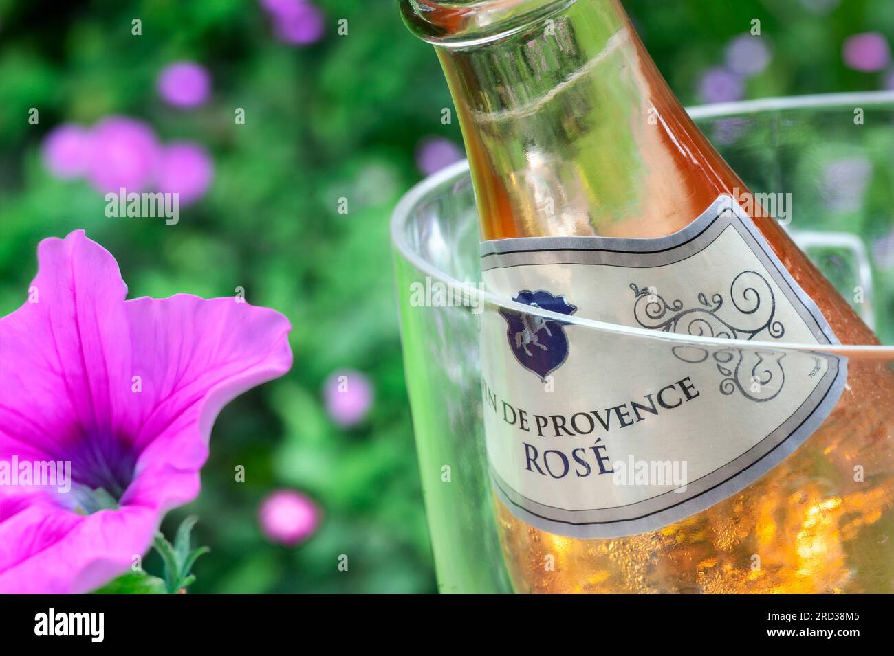 ROSÉ Cotes de Provence Französische Flasche Rosé-Wein im Weinkühler auf einem Picknicktisch im Freien mit Blumen hinter dem Sonnenuntergang Stockfoto