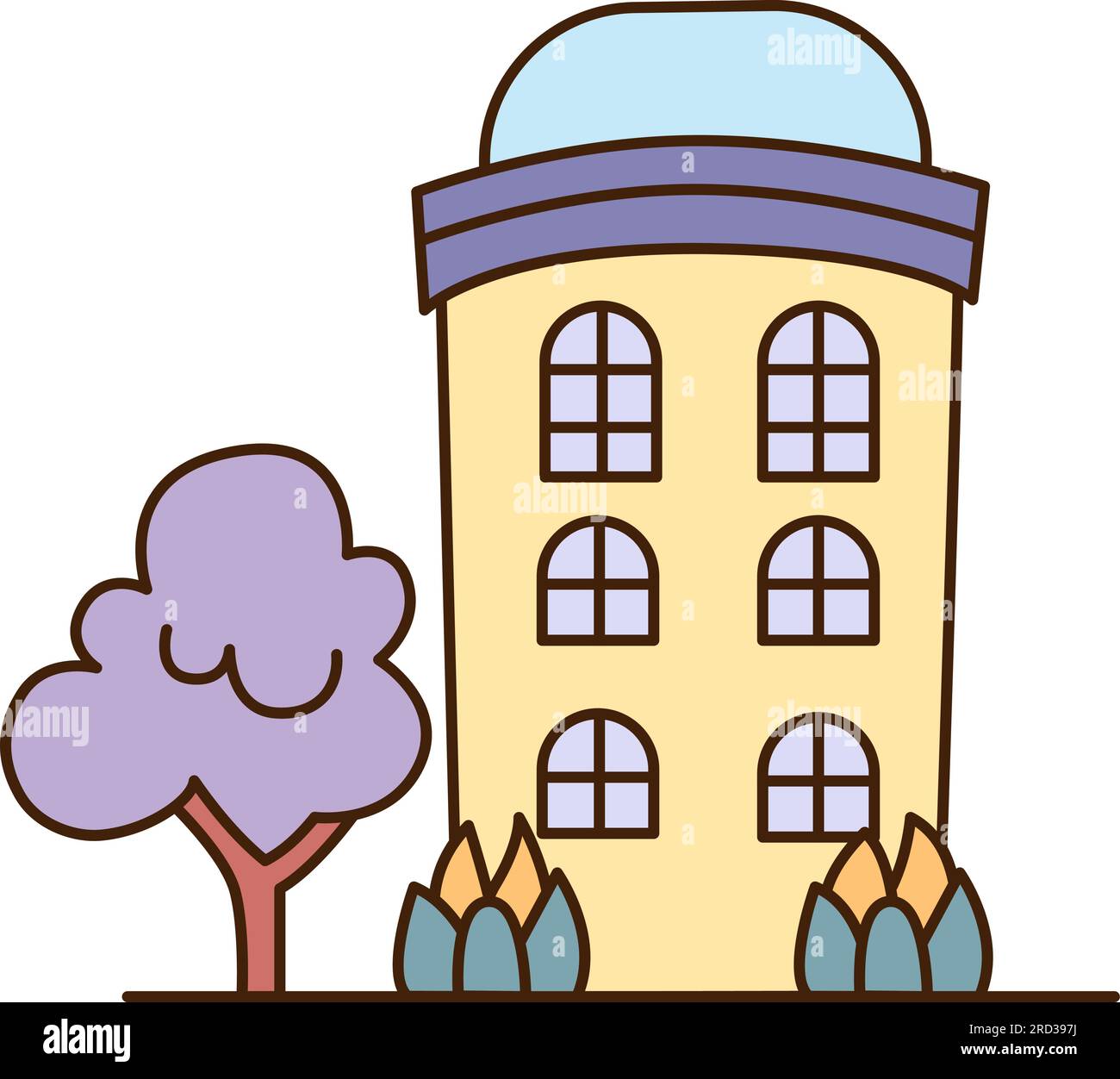 Dreistöckiges Vektor-Cartoon-Haus mit blauem Dachsymbol. Vektorgelbes Haus mit sechs Fenstern und einem lila Baumsymbol. Stock Vektor