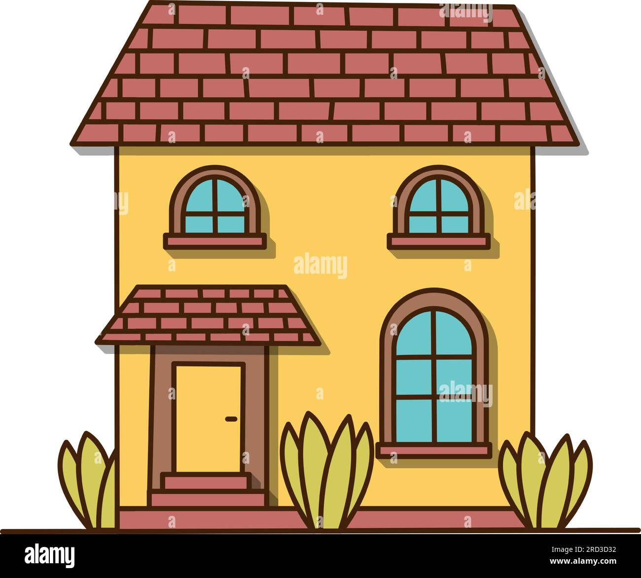 Vector kleines gelbes Haus mit drei Büschen Symbol. Vektorhaus mit rotem Dach und Ziegelsteinsymbol. Stock Vektor