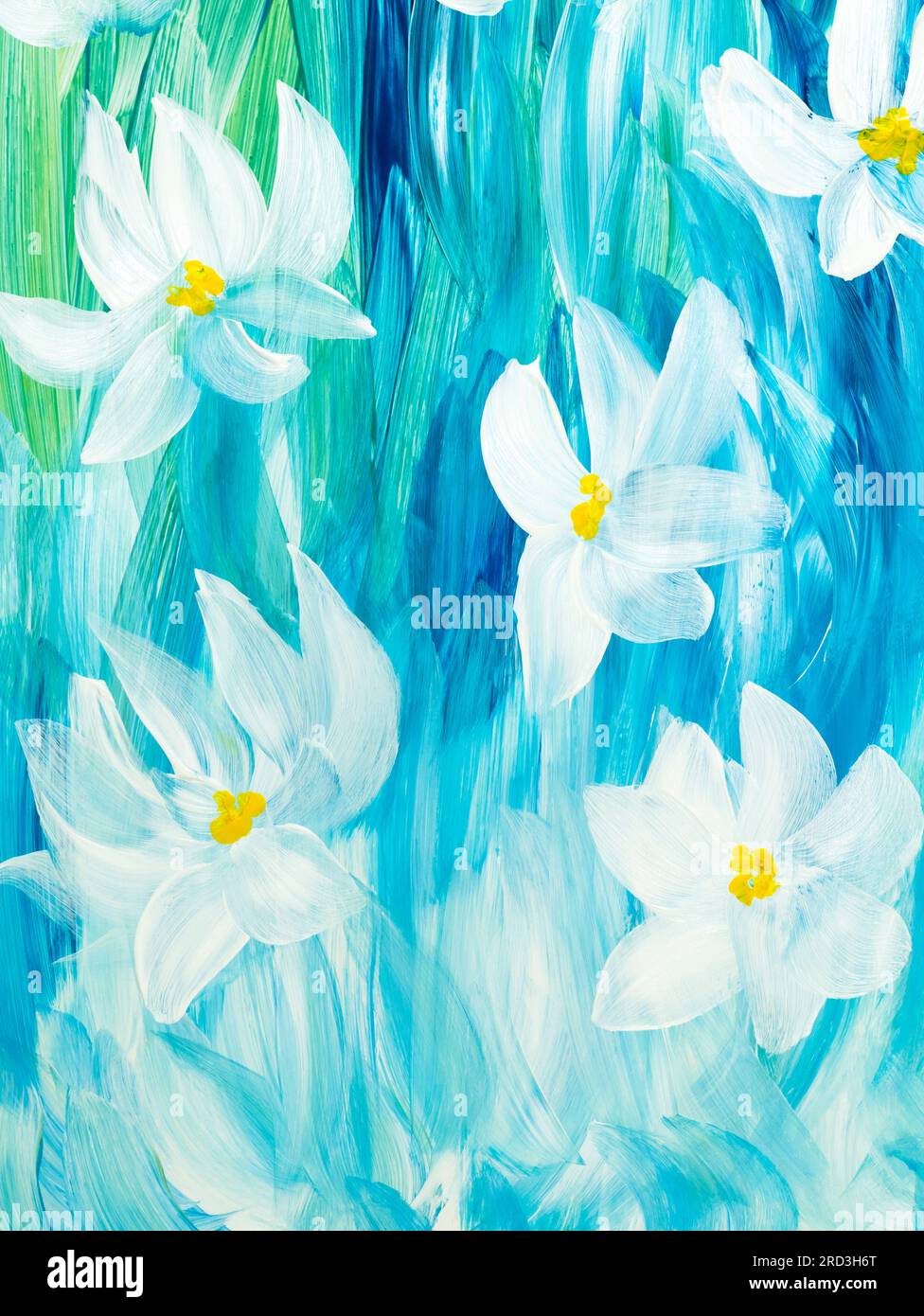 Abstrakte weiße Blüten auf Blau, handgezeichnet, impressionistischer Stil, Farbstruktur, Pinselstriche von Farbe, Kunsthintergrund. Moderne Kunst. Contempo Stockfoto