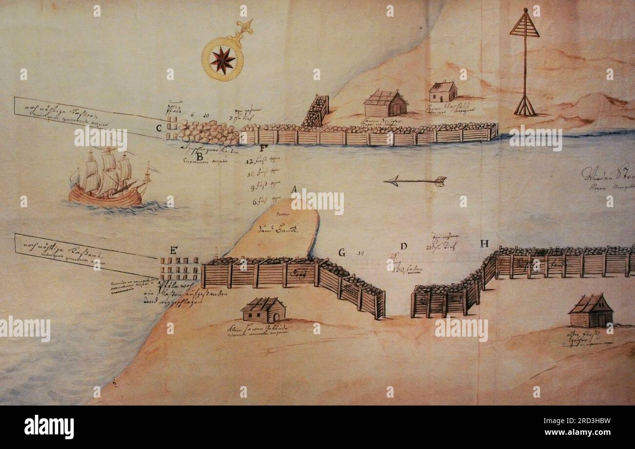 Die Geschichte Lettlands. Plan des Hafens von Ventspils Ende des 18. Jahrhunderts. A, B, C, E sind die Überreste der Küstenbefestigung. G, D, H, Küstenbefestigung, Bastion. Lettisches Kriegsmuseum. Riga. Lettland. Stockfoto