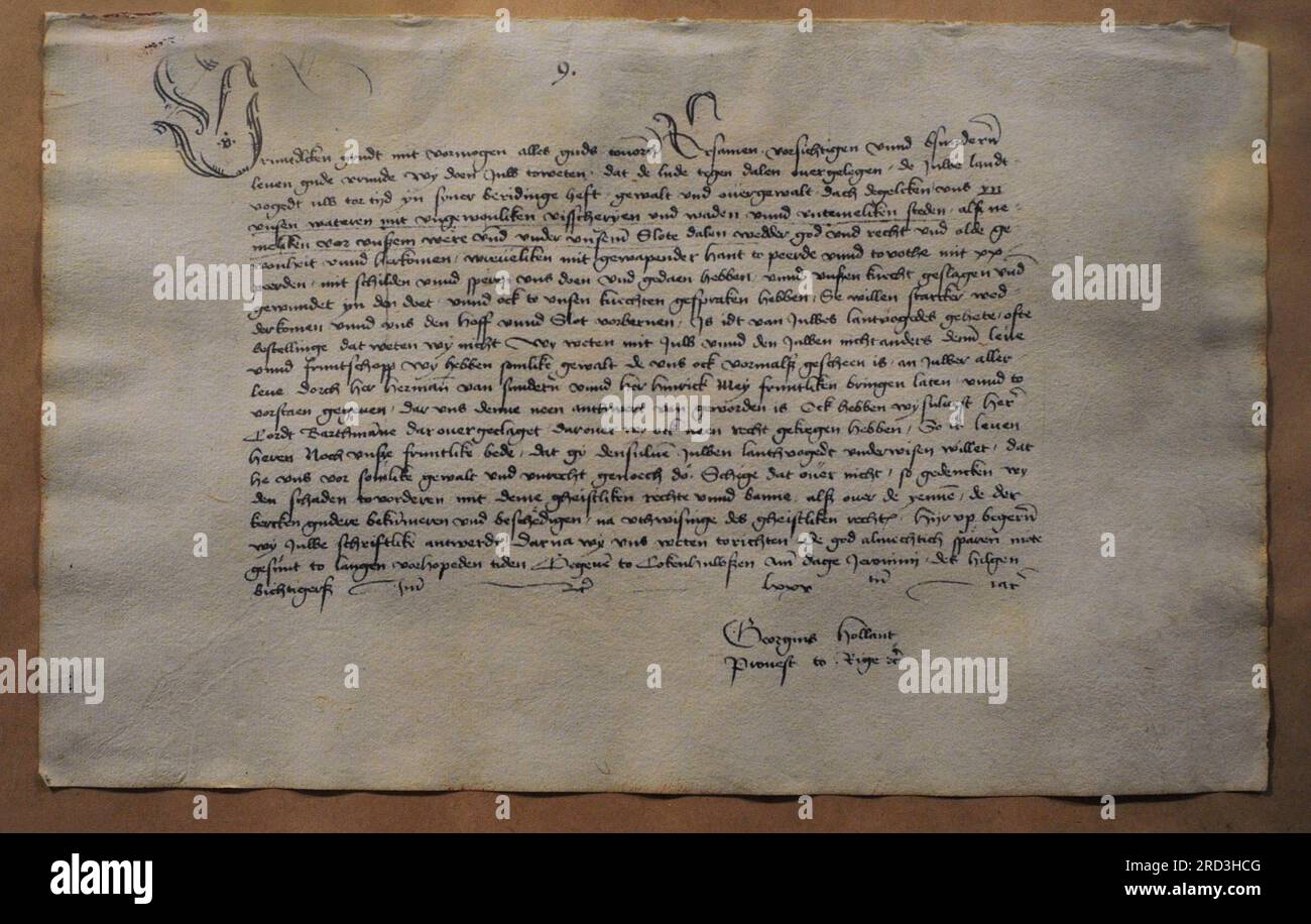 Die Geschichte Lettlands. 15. Jahrhundert. Berufung von Pastor Hollant von der Rigaer Mutterkirche nach der Misshandlung von Bauern nahe der Insel Dole. Koknese, 1475. Lettisches Kriegsmuseum. Riga. Lettland. Stockfoto