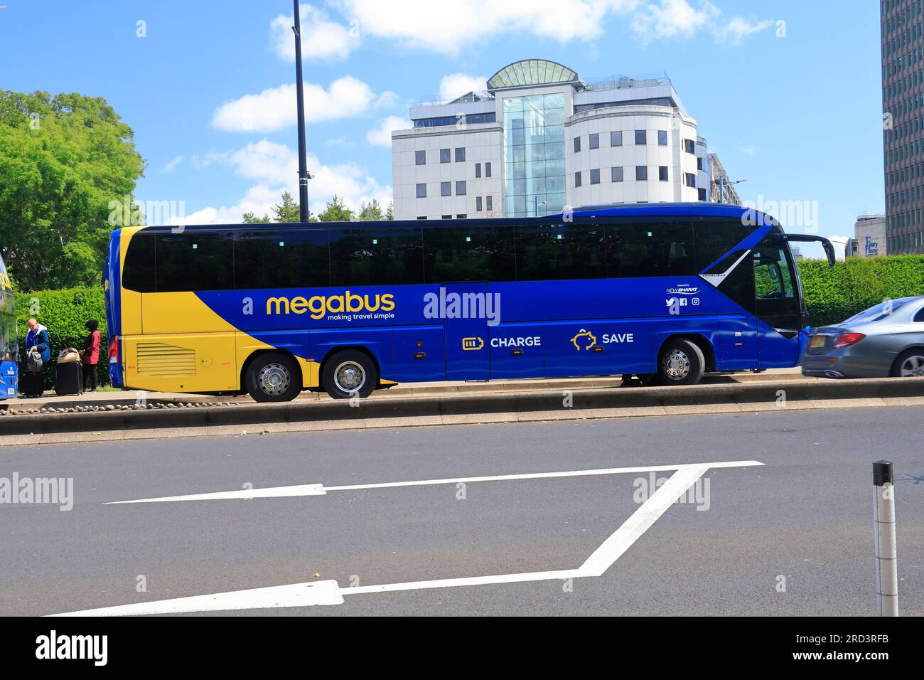 Megabus Parked, Kingsway, Cardiff City Centre, Juli 2023 Stockfoto