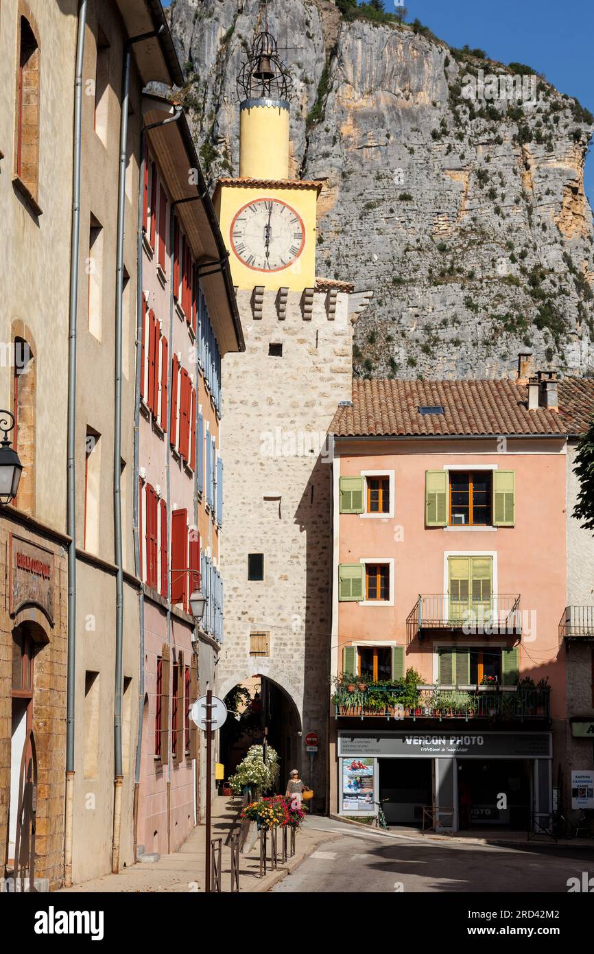 Uhrenturm, Castellane, Route Napoleon, Gorges du Verdon, Alpes-de-Haute-Provence, Provence-Alpes-Cote d’Azur, Frankreich, Stockfoto