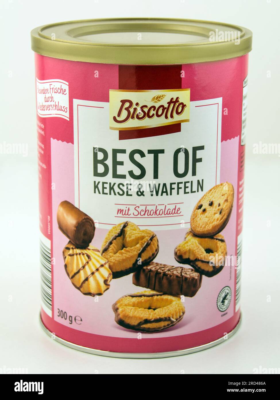 Biscotto Best of Kekse und Waffeln in der Dose mit Schokolade auf weissem Hintergrund Stockfotografie