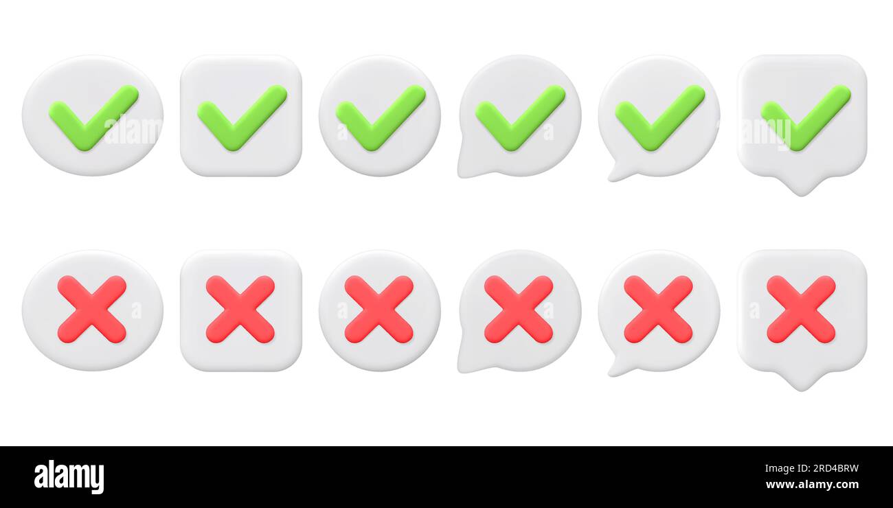 3D-Vektor Grüne Häkchen- und Kreuzmarkensymbole. Verschiedene Sprechblasen, runde Knöpfe. 3D Minimalistischer Style. Symbole für Akzeptanz, Ablehnung Stock Vektor