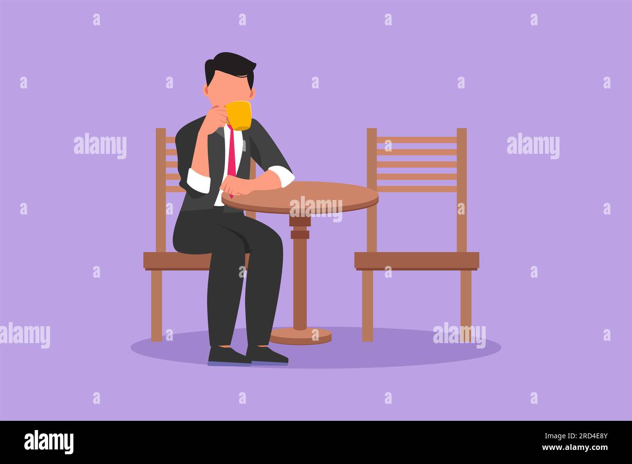 Flache Zeichentrickzeichnung eines jungen Geschäftsmannes, der sich am Tisch entspannt und heißen aromatisierten Kaffee im Restaurant trinkt. Frühstück am Morgen Stockfoto