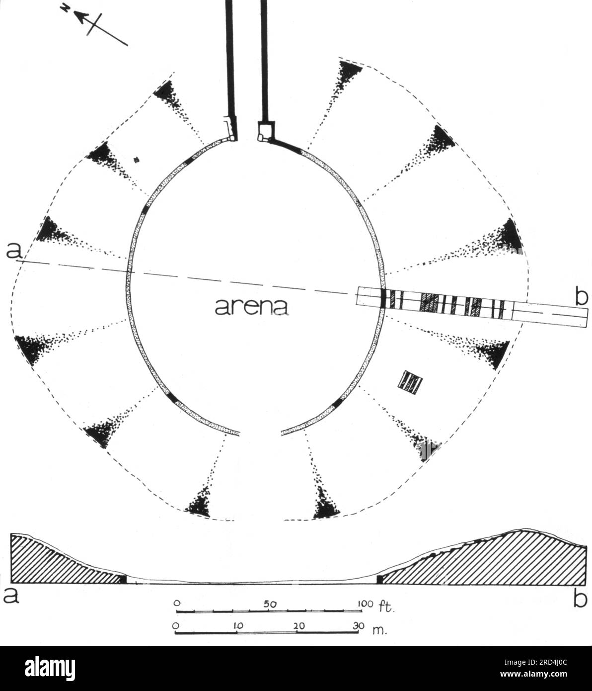 Cirencester/Corinium - Plan des römischen Amphitheaters in der Siedlung Glousestershire im Jahre 47 v. Chr. Zweitwichtigste Unterkunft in London mit über 10000 Einwohnern. Archivscan von einer Dia. April 1971. Stockfoto