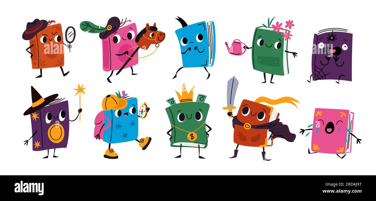 Bücher Zeichentrickfiguren. Schöne Bibliotheksbände. Lächelnde lustige Literaturmaskottchen mit süßen Gesichtern, Händen und Beinen. Verschiedene literarische Stile. Emotionen Stock Vektor