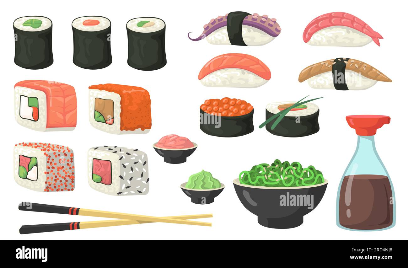 Verschiedene Sushi-, Brötchen- und Nigiri-Flachsets für Webdesign Stock Vektor
