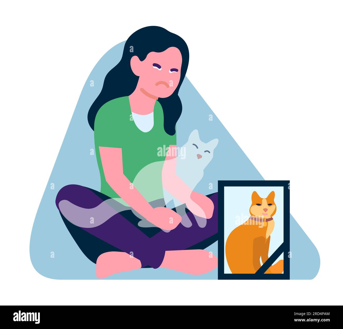Die Frau weint, weil sie ihre tote Katze vermisst. Mädchen trauert Kätzchen. Tierbesitzer verzweifeln und sind traurig. Erinnerungsfoto für verstorbene Hausangestellte Stock Vektor
