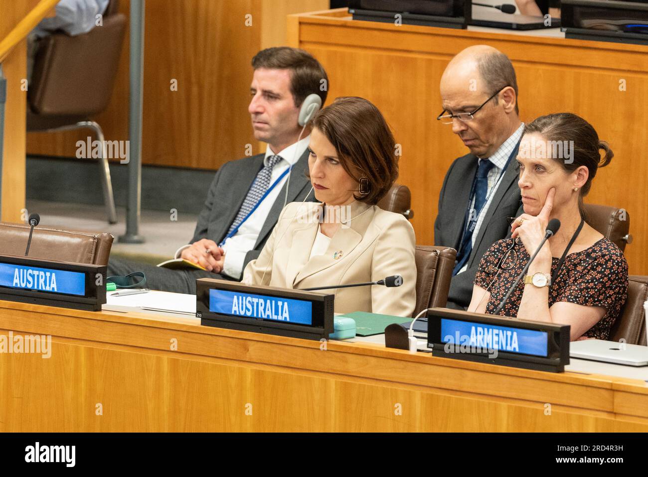 Bundesministerin für die Europäische Union Karoline Edtstadler nimmt am 18. Juli 2023 am UN-Hauptsitz in New York an der GA 88.-Vollversammlung Teil Stockfoto